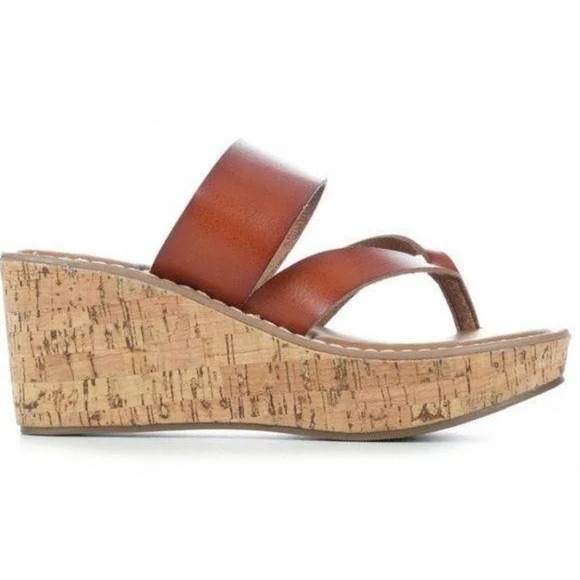 Buckle Vintage 7 Eight Cognac Dalary Faux Leather Thong Wedge Size 9 - Picture 1 of 8